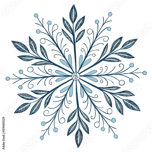 Symmetrical floral snowflake with silver accents and pastel blue, for elegant winter designs.