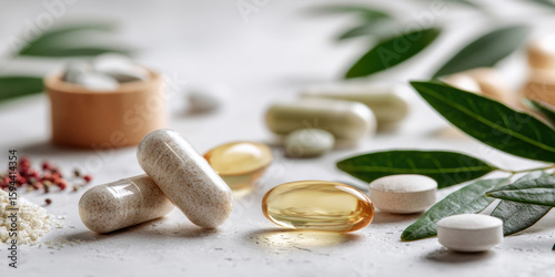 Close-up of natural supplements, capsules and herbs, arranged neatly on a clean, minimalist surface. The background bright and neutral, high-quality nature of the supplements. 3d illustration.