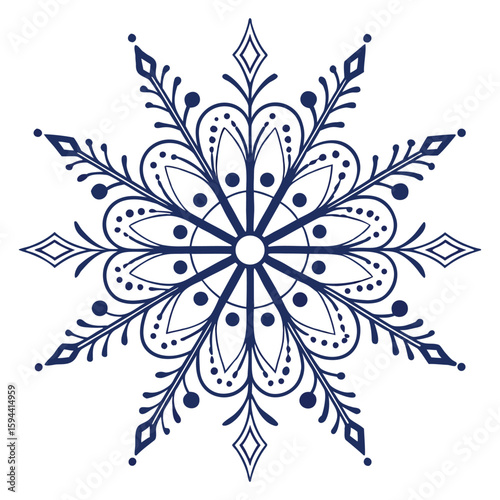 Intricate symmetrical mandala snowflake with tiny dots, for detailed winter designs.