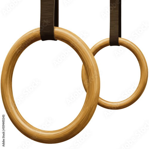 Gymnastic Rings: Polished Wood Brown Leather Straps Close-up Studio Shot.