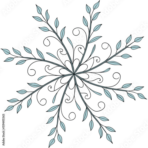 Symmetrical vine snowflake in silver and pastel blue, with thin lines for elegant winter designs.