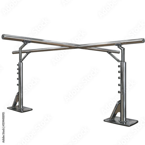 Parallel Bars: Chrome Exercise Equipment for Rehabilitation and Physical Therapy on White Background.