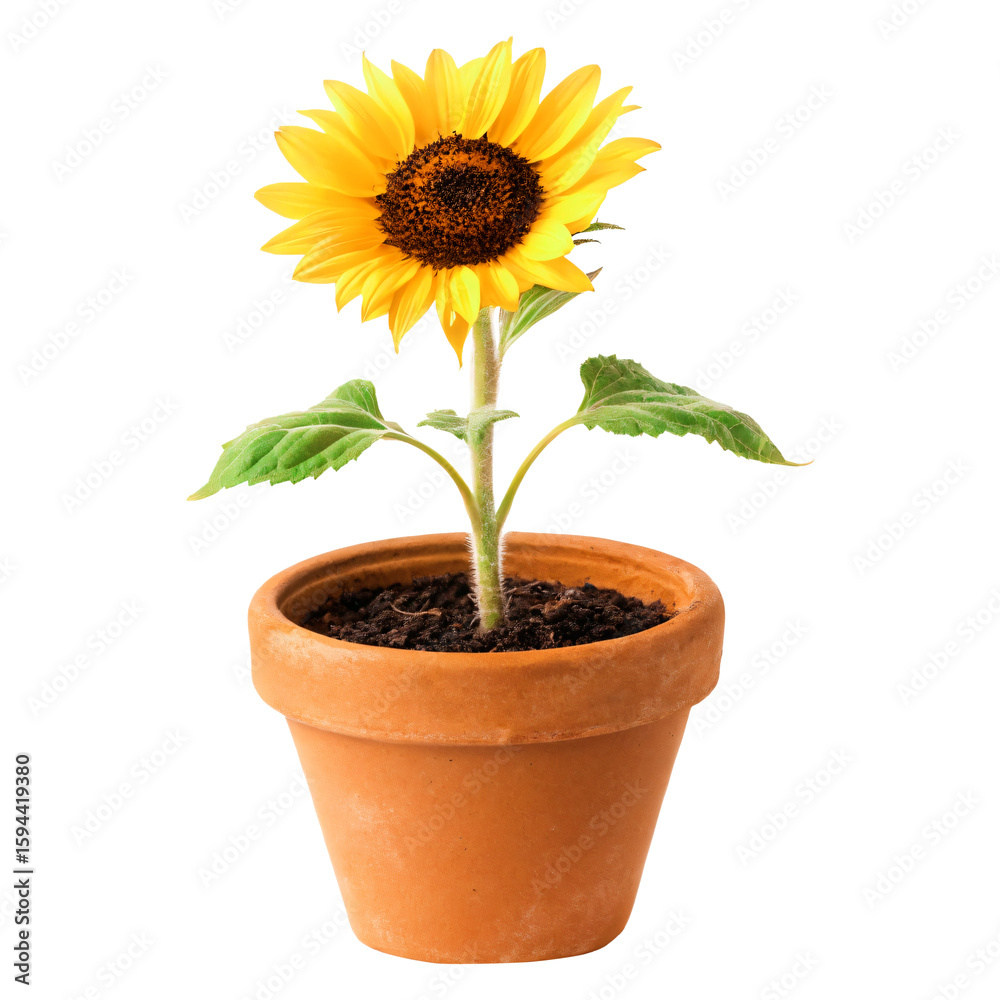 Obraz premium Sunflower growing in small clay pot isolated on transparent background
