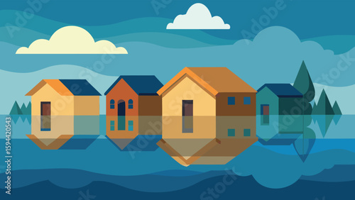 Submerged Village Houses in Water with Cloudy Sky Vector Illustration