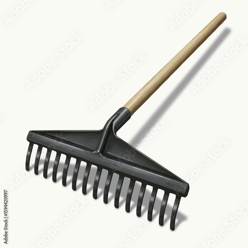 Black Plastic Garden Rake with Wooden Handle: Detailed Studio Shot.