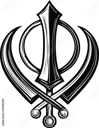 Khanda Sikh vector symbol, a shiny 3D metallic illustration 