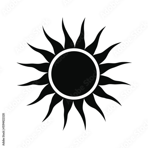 Silhouette of sun with rays around on white background warm daylight symbol