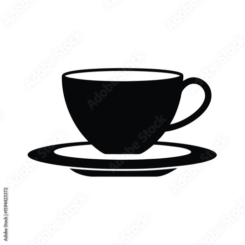 Silhouette of tea cup with saucer on white background classic tea drinking set icon