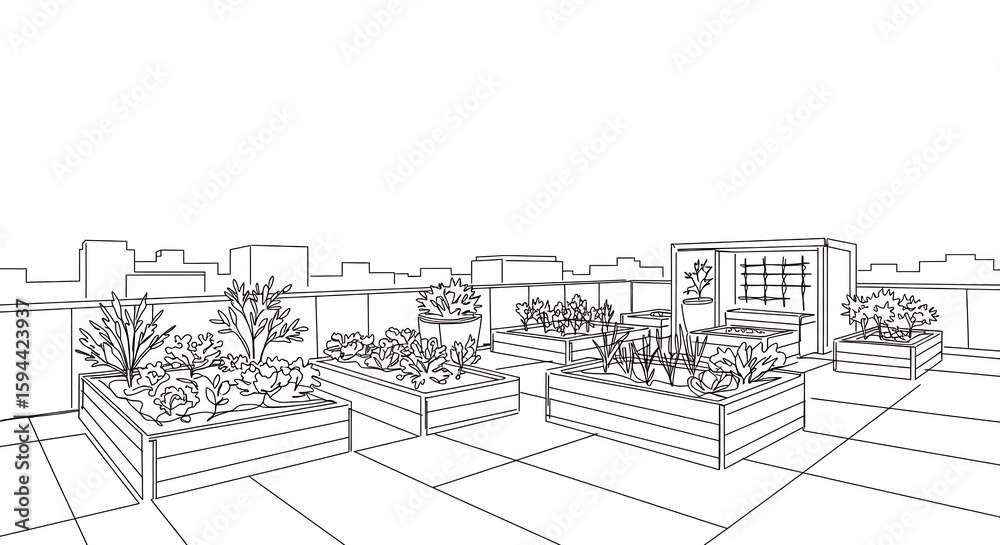 Obraz premium Rooftop Garden Outline Sketch with Planter Boxes and City View
