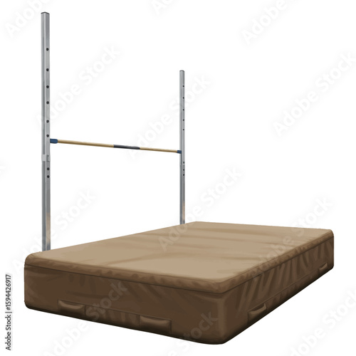 High Jump Apparatus: Detailed 3D Render of a Brown Padded Landing Mat and Adjustable Bar.
