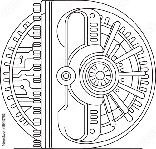 Abstract technological gear mechanism; futuristic, minimalist line art design, engineering