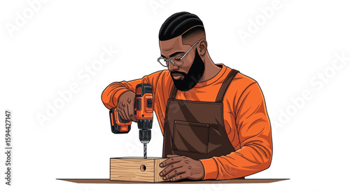 Skilled male craftsman with a beard and glasses drilling into a wooden block, showcasing woodworking and DIY home improvement projects