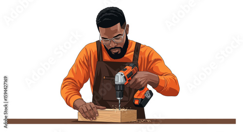Skilled male craftsman with a beard and glasses drilling into a wooden block, showcasing woodworking and DIY home improvement projects
