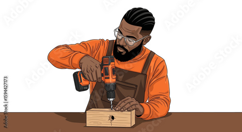 Skilled male craftsman with a beard and glasses drilling into a wooden block, showcasing woodworking and DIY home improvement projects