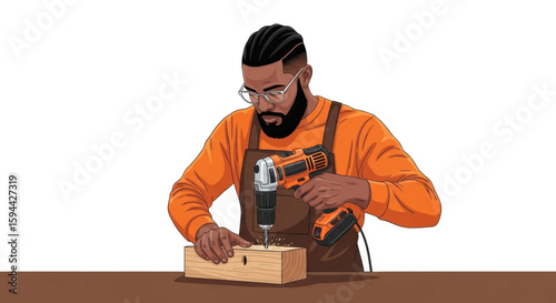 Skilled male craftsman with a beard and glasses drilling into a wooden block, showcasing woodworking and DIY home improvement projects