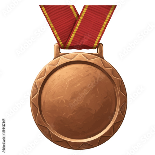 Bronze Medal Illustration with Red and Gold Ribbon on White Background.