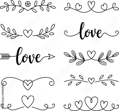 Elegant Heart Scroll & Love Border Line Art Set