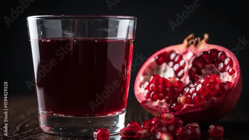 Glass of pomegranate juice with a red pomegranate, dolly push in