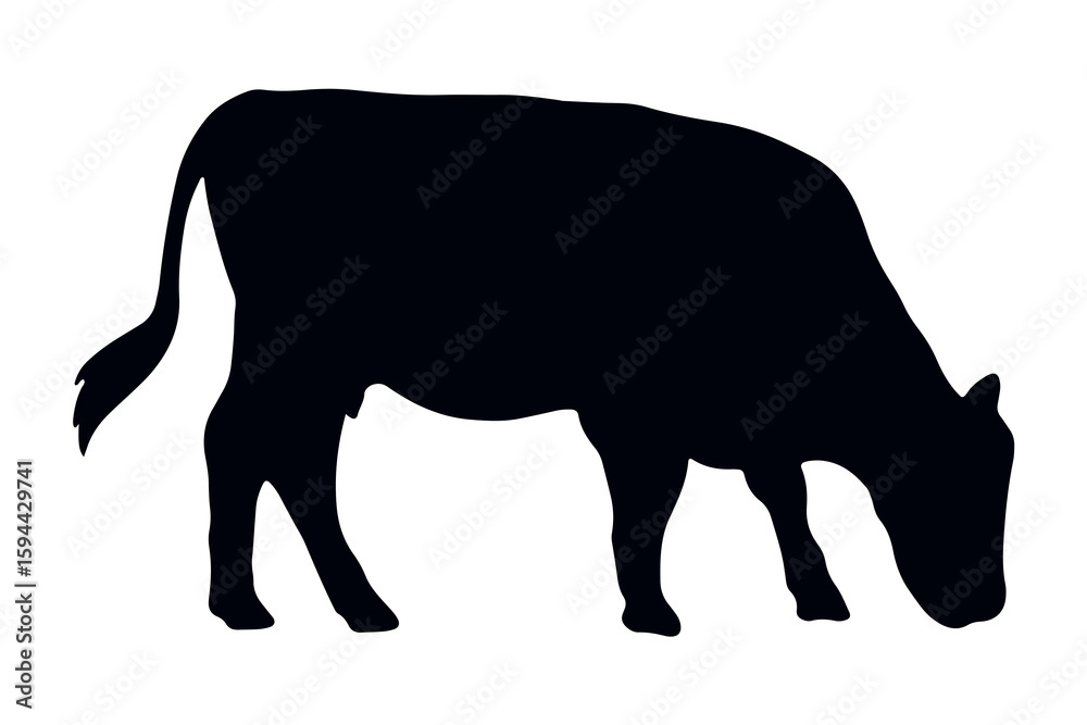 A dynamic black silhouette of a cow is captured in the act of grazing, its head lowered to the ground, a minimalist depiction of farm life, isolated on a transparent background A dynamic black silhouette of a cow is captured in the act of grazing, its head lowered to the ground, a minimalist depiction of farm life, isolated on a transparent background