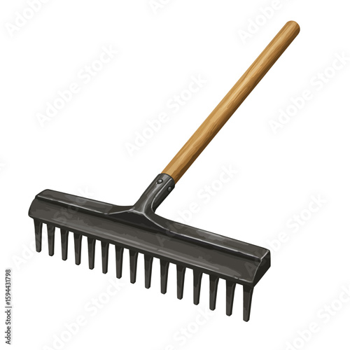 Detailed Illustration of a Garden Rake with Wooden Handle on White Background.