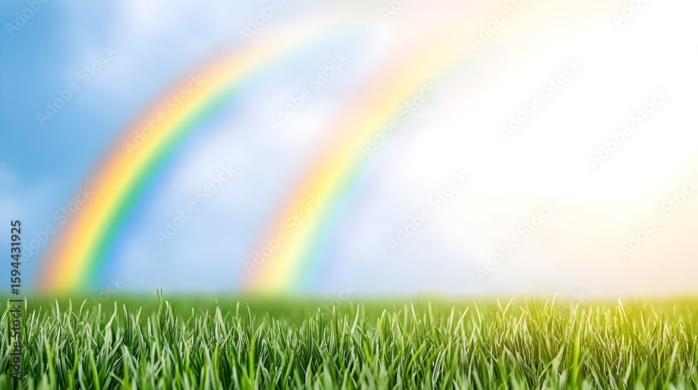 Naklejka premium A vivid sunset accompanied by a double rainbow above a verdant meadow