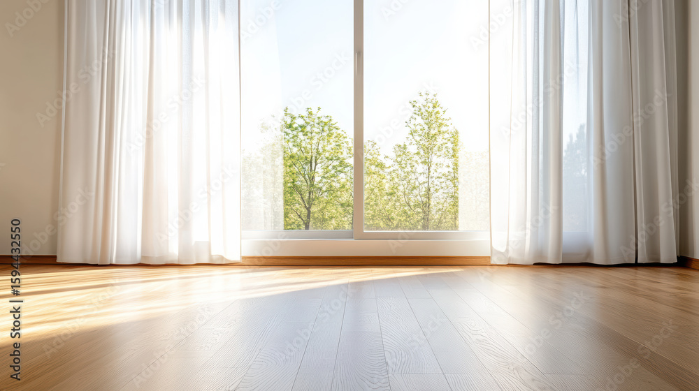 Fototapeta premium Bright sunlight streaming through sheer curtains illuminates wooden floor, creating warm