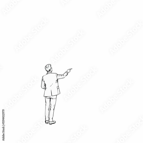 Outline of a businessman pointing upwards on a blank background for leadership and direction themes