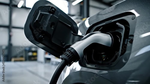 Gunmetal gray electric car charging indoors, dolly push in
