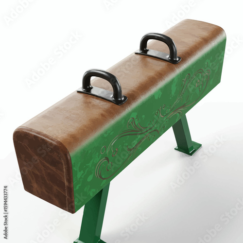 Detailed Gymnastics Pommel Horse with Green Accents and Ornate Design.