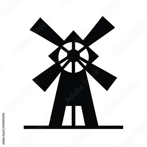 Silhouette of windmill with blades on white background traditional power generation design