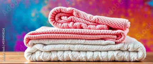 Soft, fluffy towels in a neat stack against a vibrant backdrop,  bath,  stack