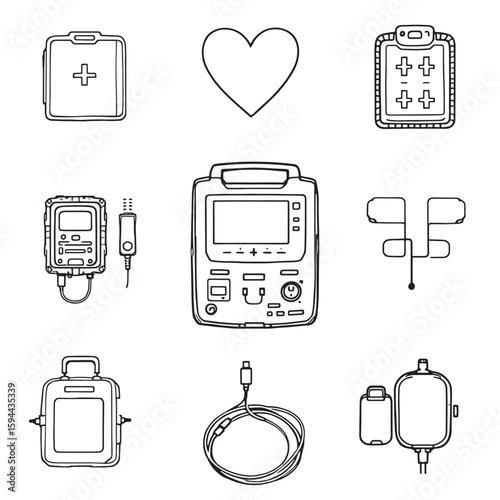 Defibrillator line art emergency lifesaving tool; minimalistic style drawing