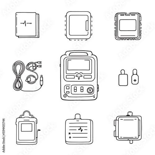Defibrillator line art simple clean design; medical device illustration