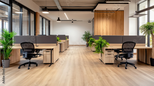 Modern co working space with open seating, clean lighting, and greenery creates productive