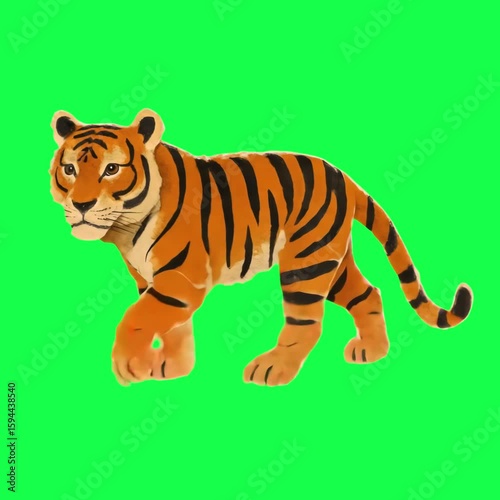 Tiger figurine animation, transparent 4K video, green screen