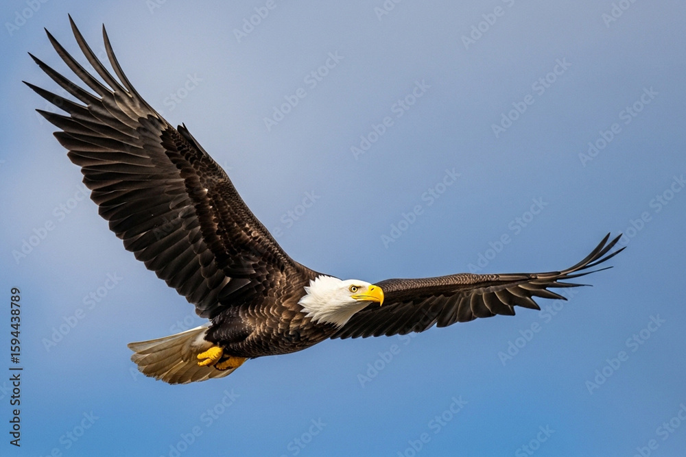 Fototapeta premium A majestic bald eagle soars across the sky with powerful wings outstretched. 