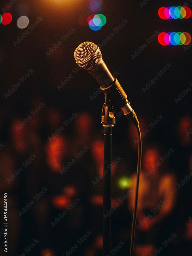 Obraz premium Close-up of microphone on stage with blurred audience in background. 