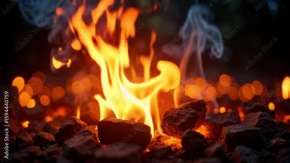 Warm orange and charcoal bokeh flicker evokes an autumn campfire vibe with smoky atmosphere and ember sparks in this mesmerizing 4k footage.