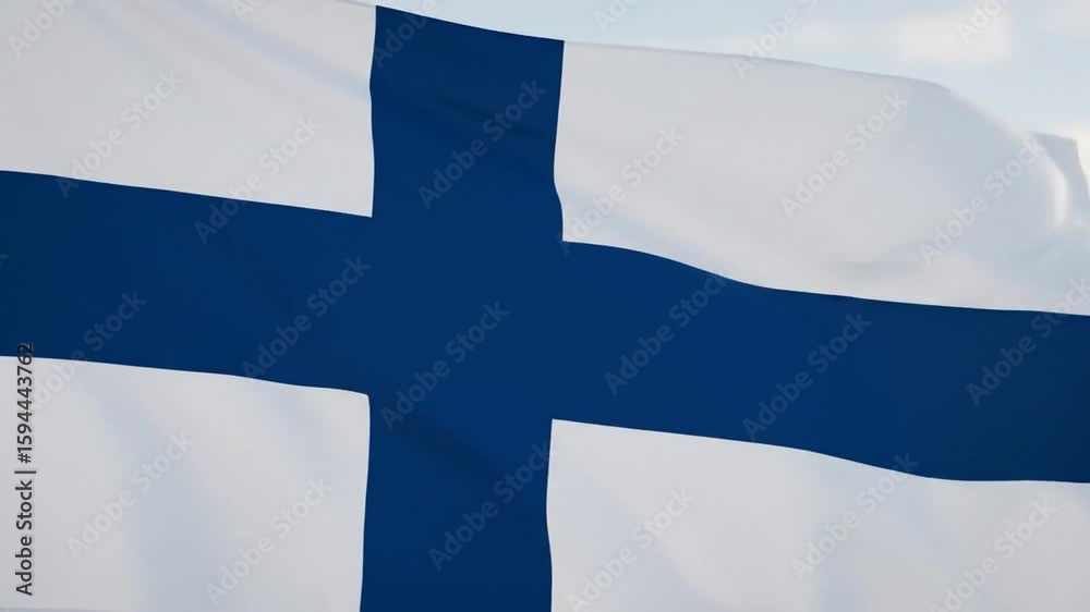 Closeup of a waving Finnish flag