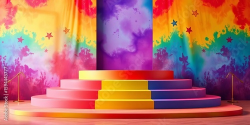 Vibrant multi-colored podium with ascending stage steps,  geometric,  display
