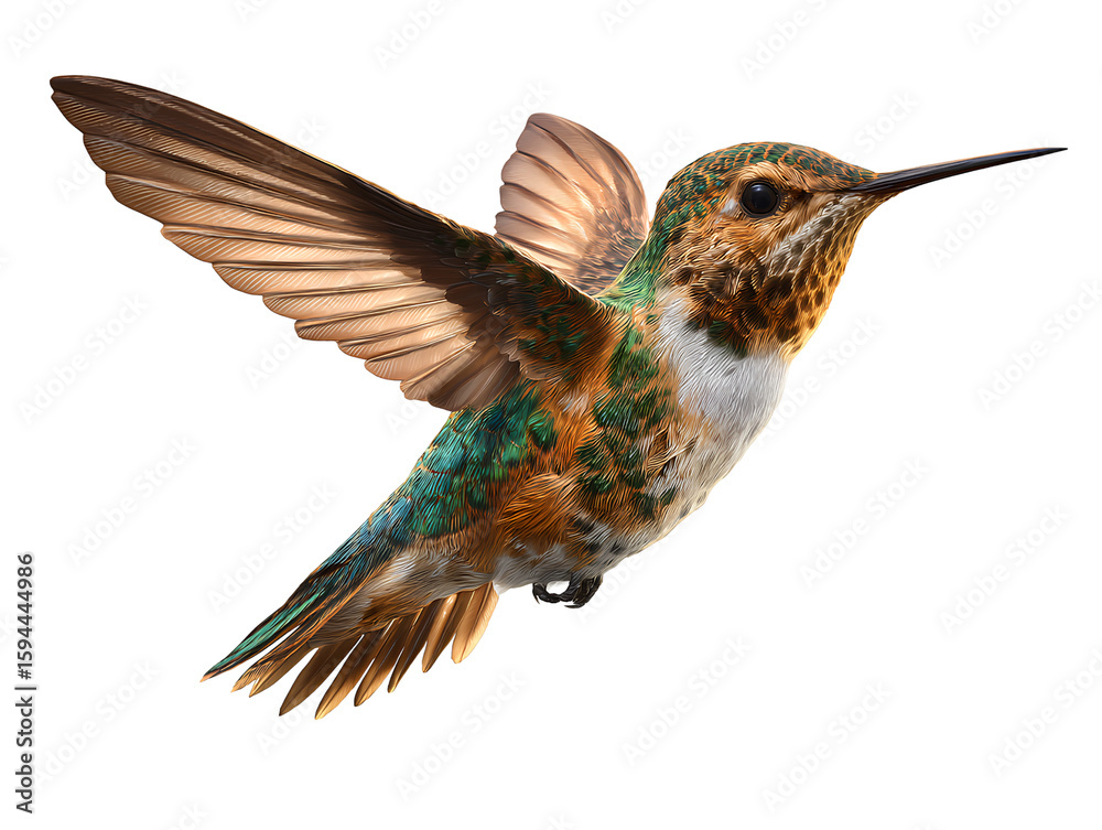 Fototapeta premium Hummingbird Hovering Front Facing with Outstretched Wings and Extended Bea Transparent Background