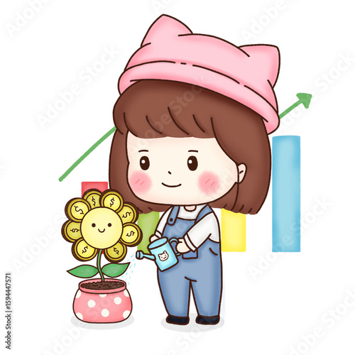 Cute girl watering money flower for financial success.