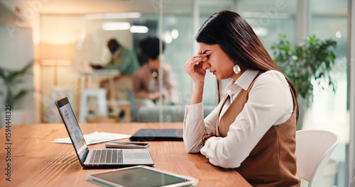 Frustrated woman, laptop and headache with stress in office for project budget or debt. Female person, migraine or strain with mistake on computer for financial pressure, deadline or bankruptcy