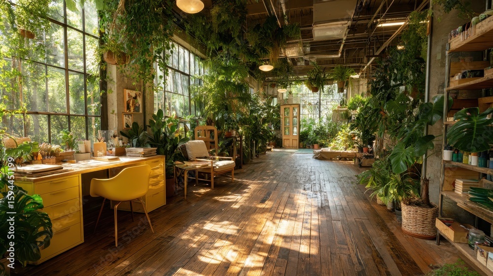 Fototapeta premium Greenhouse-inspired co-working space urban environment photography nature and business integration