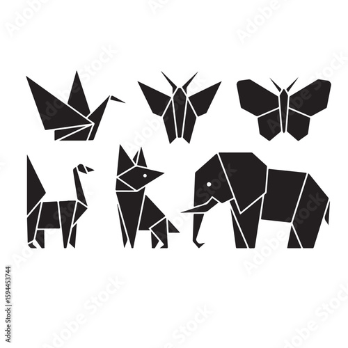 Black origami animals and insects including a crane butterflies llama fox and elephant on white background