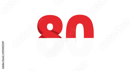 Vector Number 80 in Bold Red with Shadow Effect in Minimalist Style for Digital Graphics