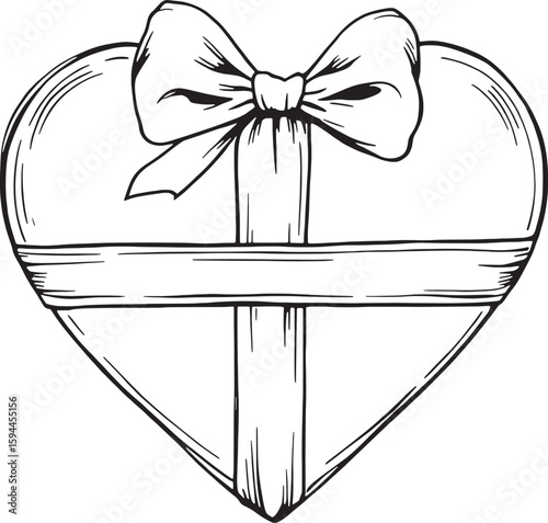 heart-shaped gift box with a silky pink ribbon line art simple beauty sweet gesture