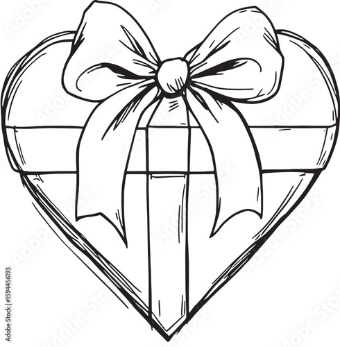heart-shaped gift box with a silky pink ribbon line art simple beauty sweet gesture