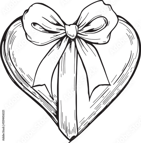 heart-shaped gift box with a silky pink ribbon line art simple beauty sweet gesture