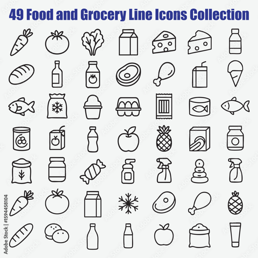 Fototapeta premium Food and grocery line icons collection carrot